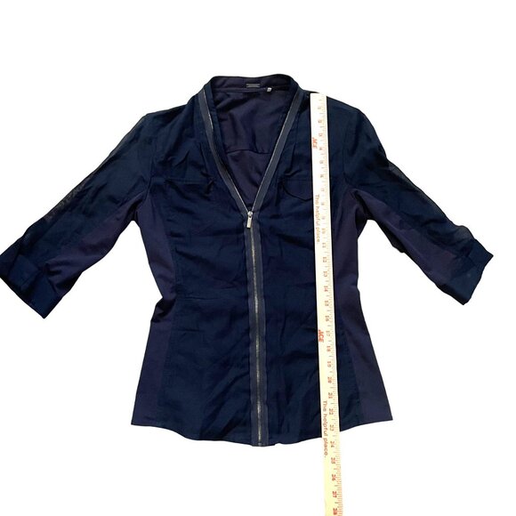 Elie Tahari Zip V-Neck Top Womens Size XS Navy Blue - Picture 2 of 8